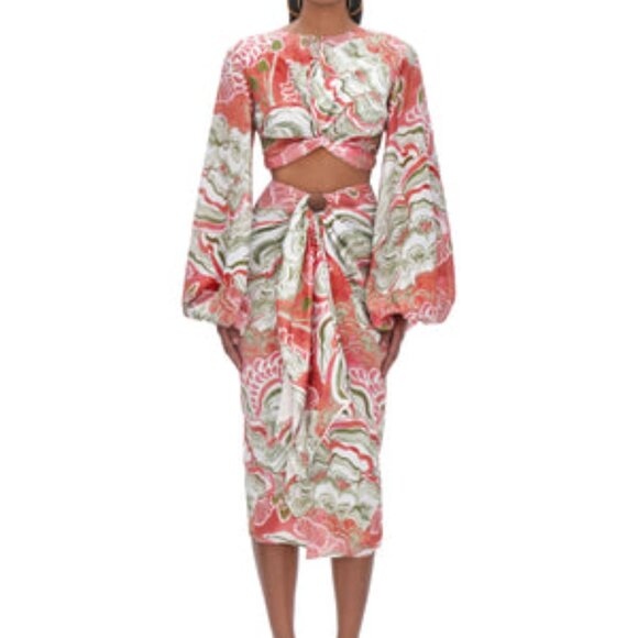 Andrea Iyamah Resort Floral Wrap Skirt Crop Top with Bell Sleeves - Picture 1 of 5